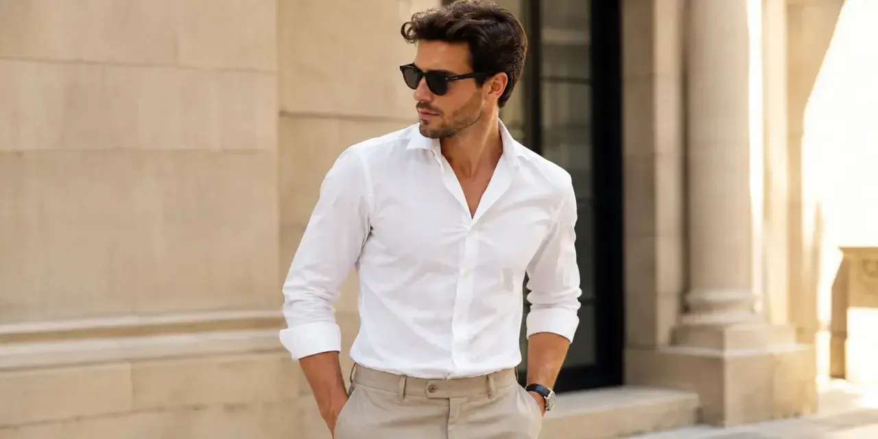 Hombre con gafas de sol y un elegante outfit de camisa blanca y pantalones beige, posando con confianza.