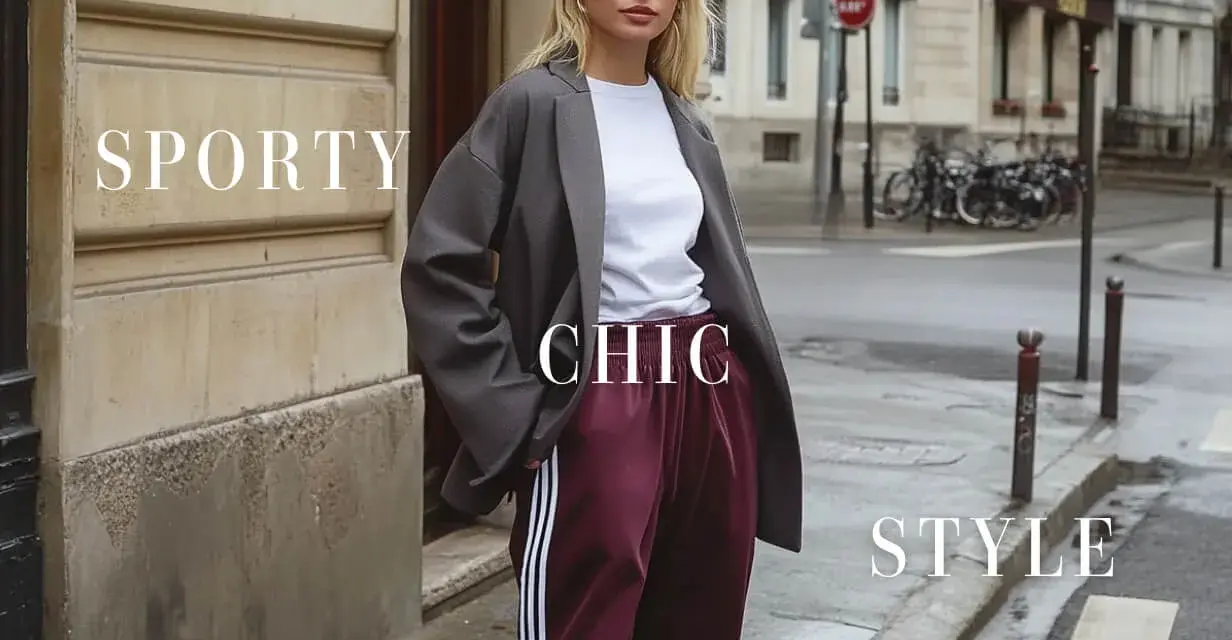 Mujer con un look **smart chic dress code**: blazer gris, camiseta blanca y pantalón deportivo burdeos con rayas.
