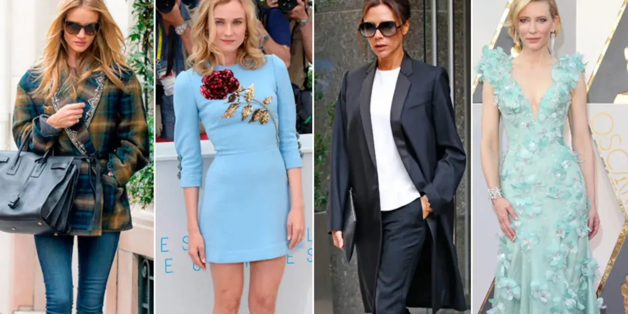 Mujeres con looks smart casual verano: abrigo cuadros, vestido azul floral, traje negro y vestido de gala.