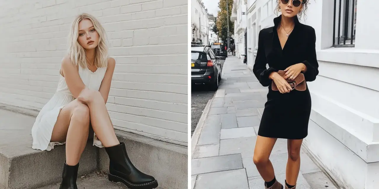 Dos mujeres lucen estilos diferentes de vestidos con botas. Una lleva un vestido blanco corto y botas negras gruesas, la otra un vestido negro elegante y botines marrones.