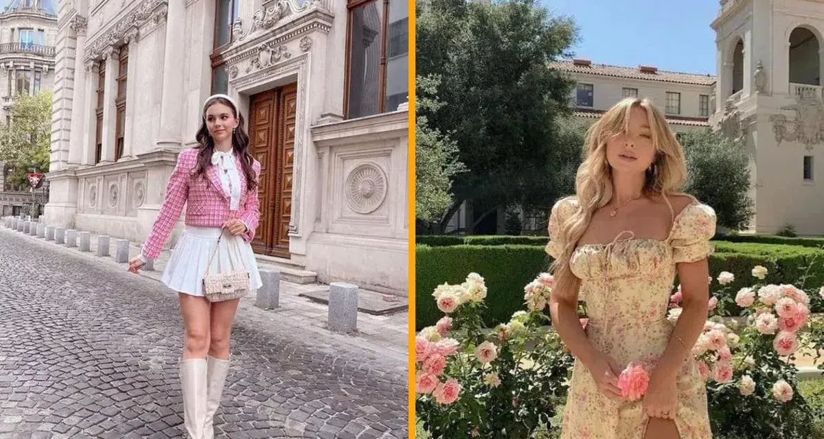Dos mujeres con un estilo coquette: una con traje rosa y falda blanca, la otra con vestido floral.