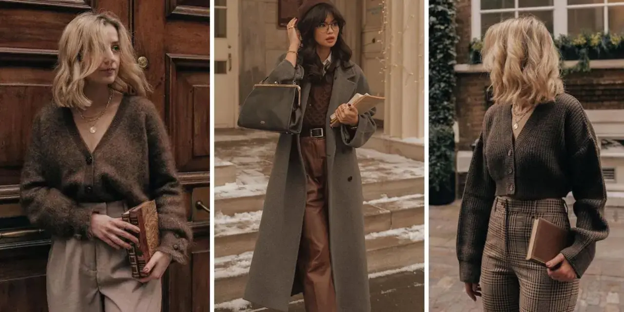 Tres mujeres con estilo dark academia, con abrigos largos, cárdigans y pantalones de cuadros, sostienen libros.