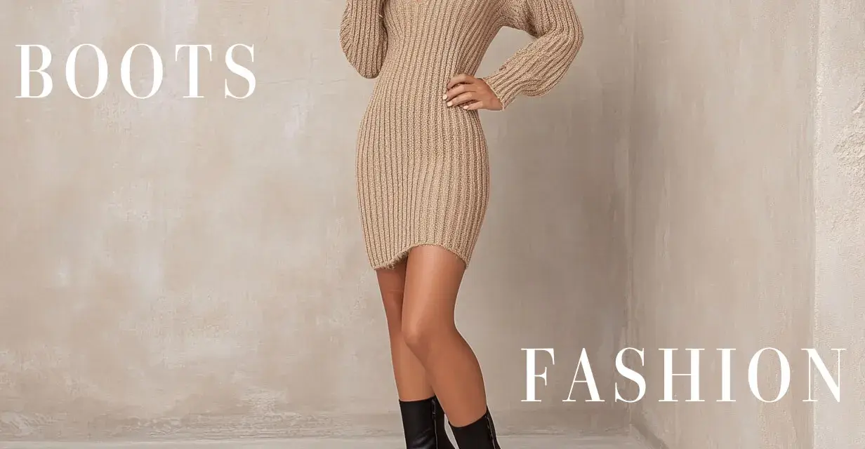 Mujer luce un vestido tejido color canela y botines negros, un dúo de moda perfecto para cualquier fiesta.