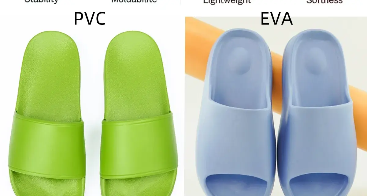 Chanclas verdes de PVC y azules de EVA. El material EVA es ligero y suave, a diferencia del PVC que puede ser tóxico.