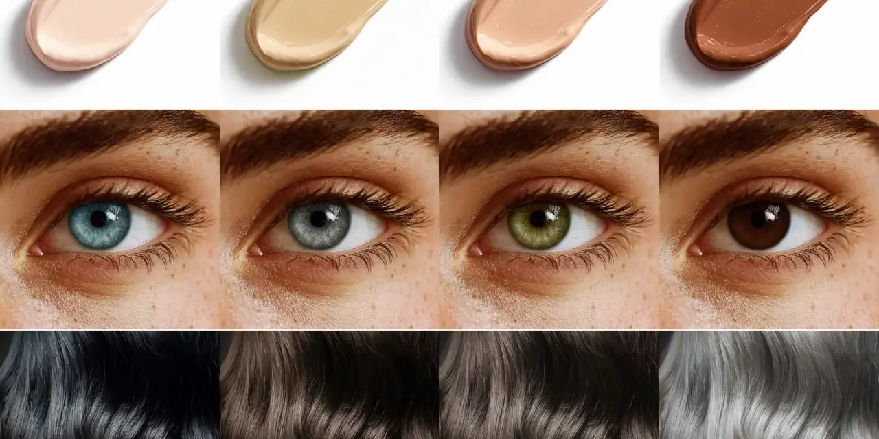 Muestras de bases de maquillaje, ojos de distintos colores y cabellos en tonos oscuros y grises, evocando una paleta de colores de invierno.