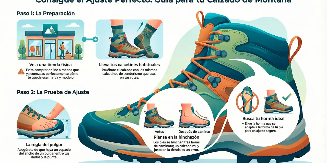 Guía para elegir calzado de montaña: preparación, prueba de ajuste, hinchazón y horma ideal. Considera los tipos de pies según dedos para un ajuste perfecto.
