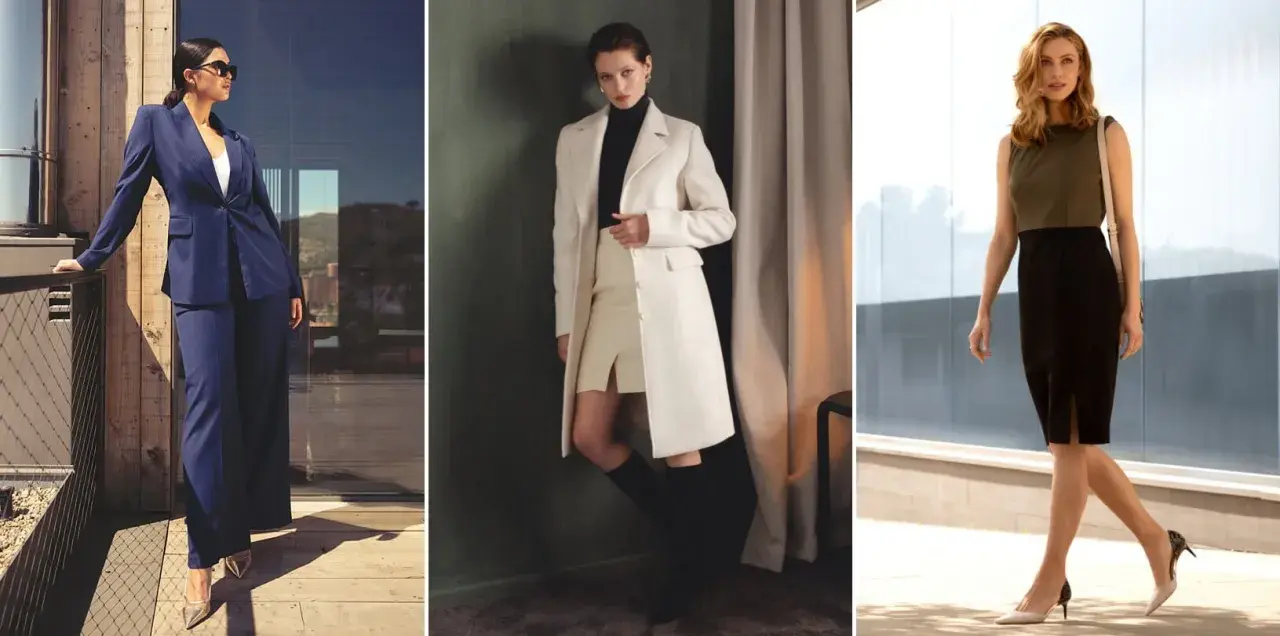 Mujer ejecutiva con trajes elegantes: azul marino, blanco y negro.