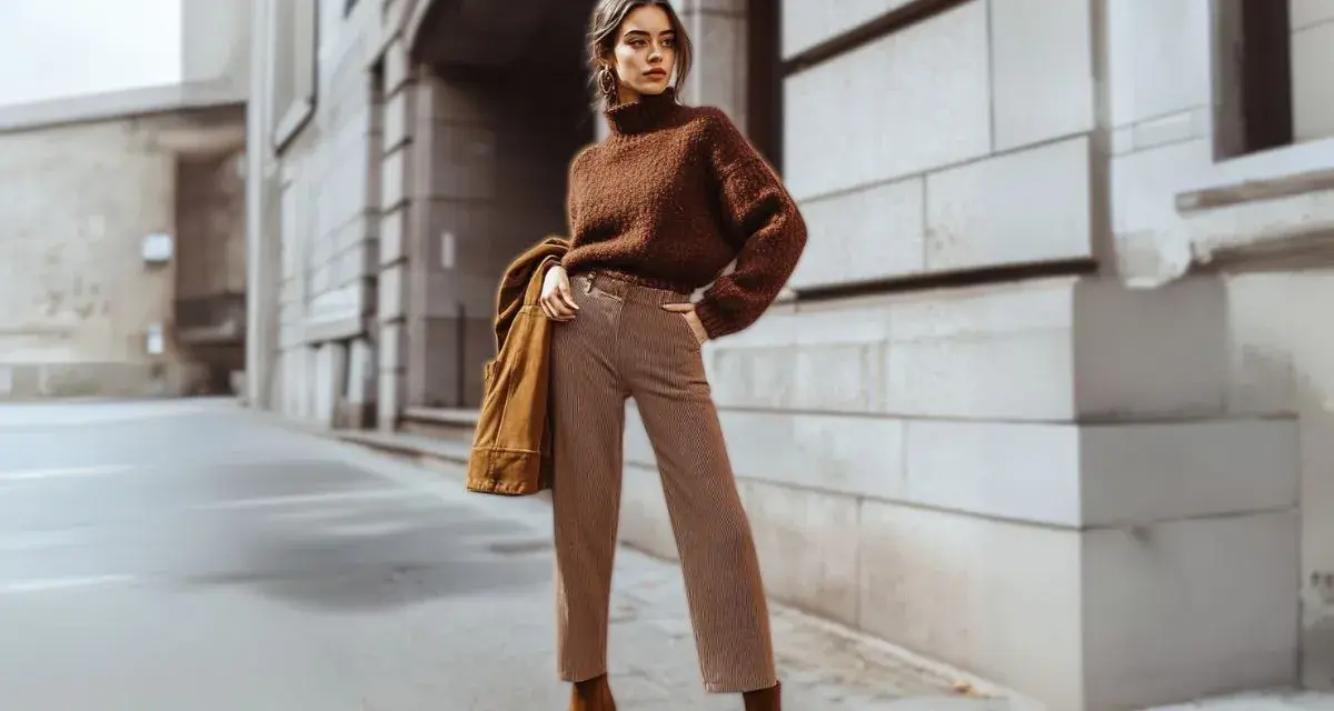 Mujer con suéter marrón y pantalones a rayas, luciendo un impecable estilo monocromático en la calle.