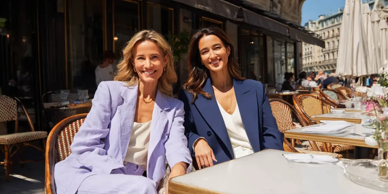 Dos mujeres sonríen sentadas en un café. Una lleva un traje lila, la otra uno azul marino. Ideas para como vestirse para una comunión.