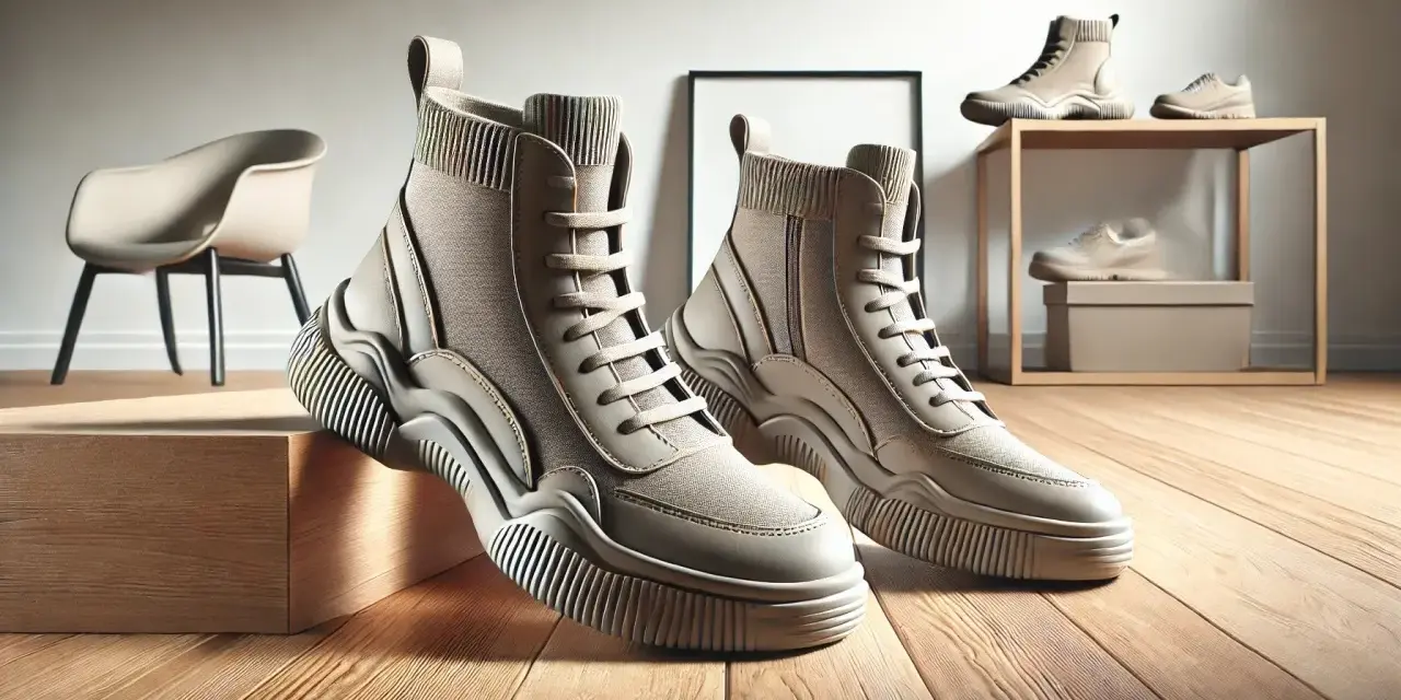 Botas de moda con suela tpr de gran tamaño, cordones y detalles texturizados, sobre un suelo de madera.
