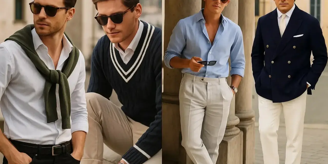 Hombres con estilo old money: camisas, jerséis de rombos, trajes y gafas de sol, proyectando elegancia y sofisticación.