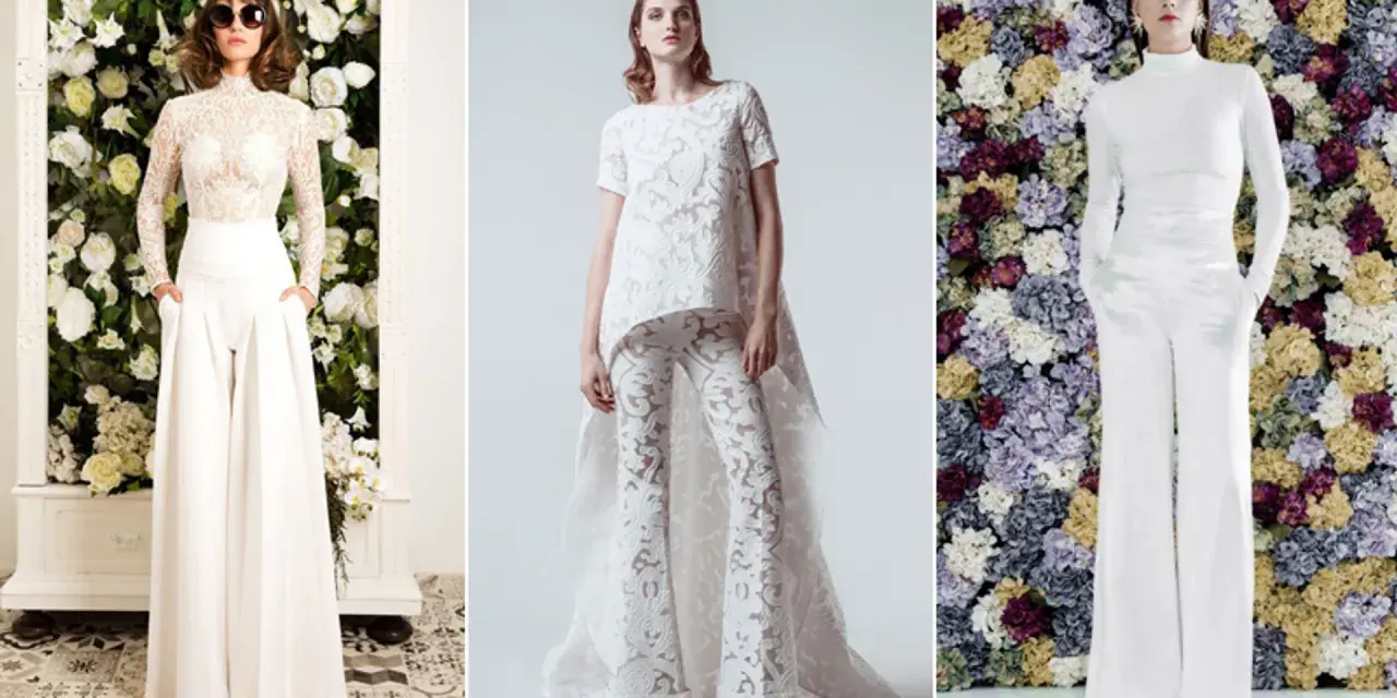 Tres novias con pantalón blanco, una con encaje y gafas de sol, otra con un diseño asimétrico y la tercera con cuello alto y fondo floral.