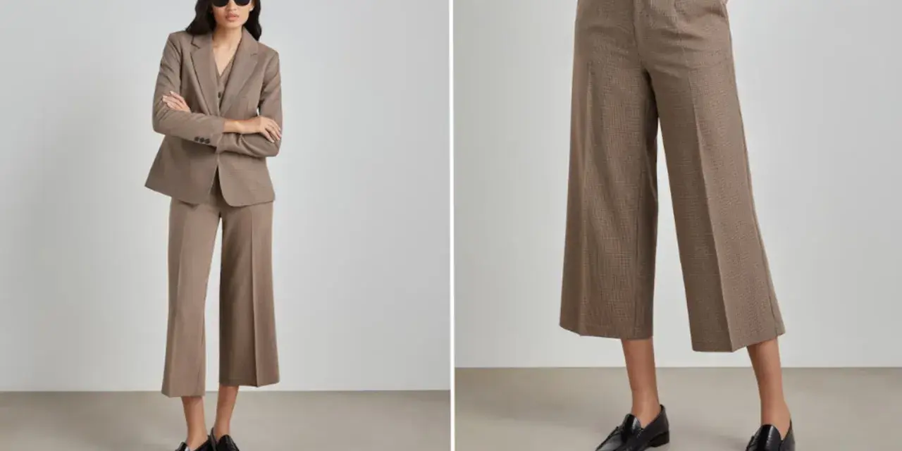 Mujer con traje de cuadros marrones y zapatos negros. Los pantalones tobilleros lucen geniales con estos zapatos.