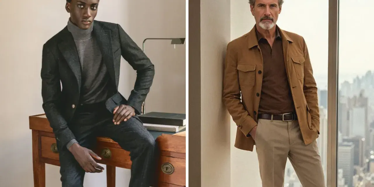 Dos hombres con atuendos business formal. Uno con traje gris y cuello alto, el otro con chaqueta marrón y polo.