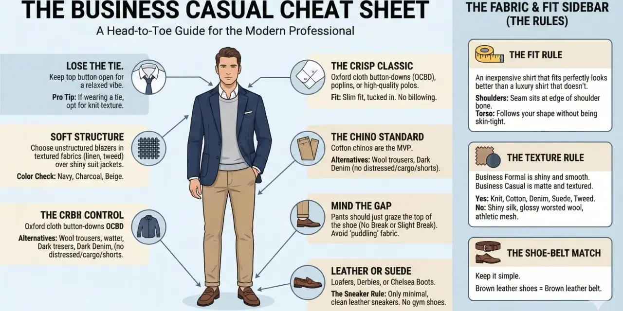 Guía de estilo **formal casual**: hombre con blazer azul, jersey gris y chinos beige. Incluye consejos sobre corbatas, camisas, pantalones y calzado.