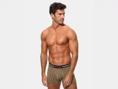 Hombre musculoso posando con calzoncillos de poliamida abriga, con rayas verticales blancas sobre fondo verde oliva.