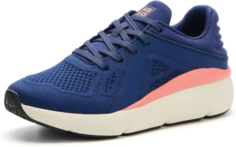Zapatilla deportiva azul con detalles rosados, ideal como calzado para metatarsalgia, ofreciendo comodidad y soporte.
