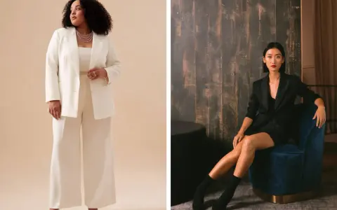 Mujer con traje blanco elegante y mujer con traje negro chic, ambos perfectos para un dress code gala.