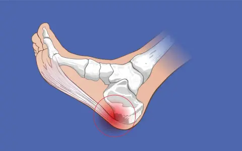 Ilustración de la anatomía del pie, mostrando la inflamación en el talón, indicando tendinitis por mal calzado.