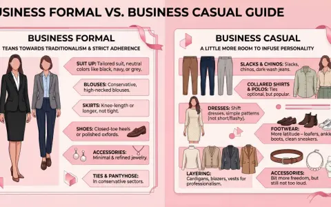 Guía de ropa business casual y formal. Muestra ejemplos de atuendos, calzado y accesorios para cada estilo.