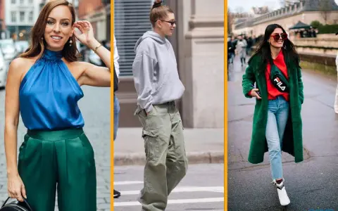 Tres mujeres lucen estilos urbanos. Una lleva un top azul y pantalones verdes, otra un conjunto gris y cargo, y la tercera un abrigo verde con rojo. Muestran cómo los colores que combinan con el verde son versátiles.