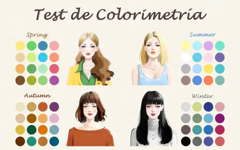 Test de colorimetría: cuatro estilos de mujer con paletas de colores para primavera, verano, otoño e invierno.