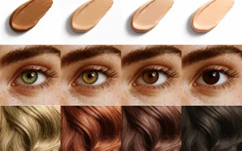 Muestras de bases de maquillaje, ojos y cabello en una paleta de colores cálidos de otoño.