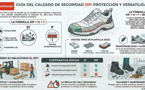 Guía del calzado SIP: S1 + P (plantilla antiperforación) para protección contra objetos punzantes.