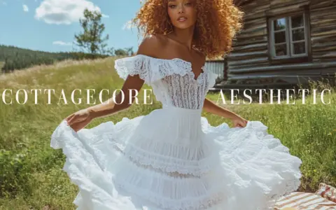 Mujer con vestido blanco voluminoso, cabello rizado, en un campo verde, con una cabaña de madera al fondo. Estilo cottagecore.