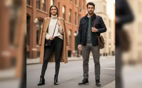 Pareja con estilo urbano. Ella luce un abrigo camel, jersey de cuello alto y pantalones negros con botas. Él, chaqueta azul marino, jersey verde y pantalones grises, con un traje con botas.