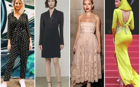 Cuatro mujeres muestran diferentes estilos de dress code mujer: jumpsuit de lunares, vestido negro tipo blazer, vestido de encaje rosa y vestido amarillo con escote en la espalda.