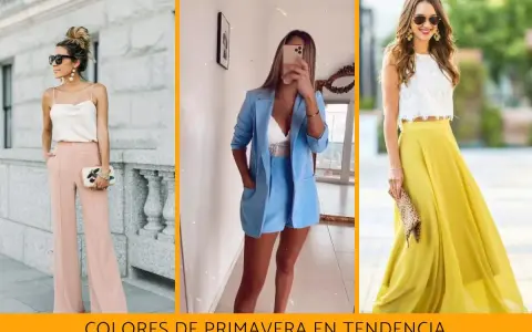 Tres looks con colores primavera: pantalones palo rosa, traje azul cielo y falda amarilla vibrante.
