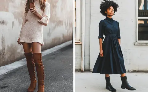 Dos mujeres lucen elegantes vestidos con botines y medias. Una con un vestido tejido y botas altas de gamuza, la otra con un vestido camisero y botines negros.