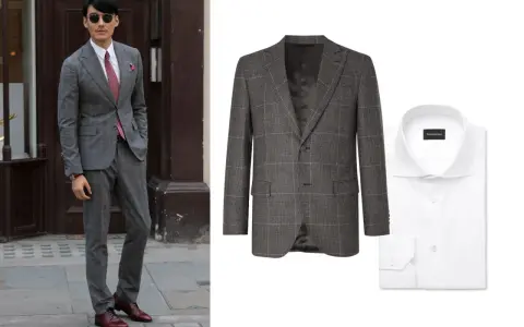 Hombre con traje gris a cuadros y camisa blanca. Ideas de traje gris mujer combinaciones elegantes.