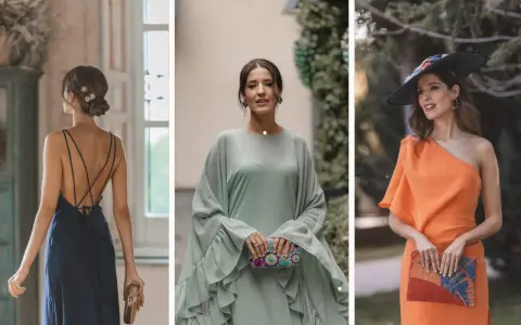 Tres mujeres con vestidos elegantes, perfectos para un código vestimenta boda. Azul, verde menta y naranja vibrante.