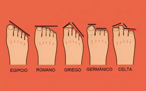 Cinco tipos de pies: egipcio, romano (dedos alineados), griego, germánico y celta. El pie romano es el que tiene el segundo dedo más corto que el pulgar.