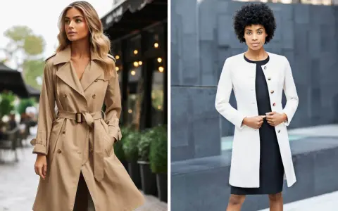 Diferencia entre trench y gabardina: una mujer luce un trench beige clásico, mientras otra lleva una gabardina blanca elegante.