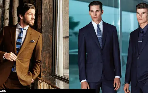 Hombres luciendo vestimenta formal: un traje marrón con corbata a rayas y otro con traje azul marino a rayas.