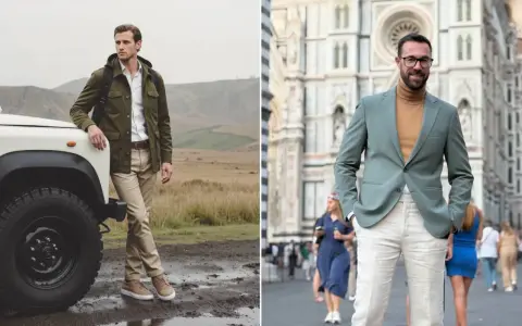 Dos hombres lucen elegantes. Uno, junto a un todoterreno, lleva una chaqueta verde y pantalones beige. El otro, en la ciudad, combina un traje verde con pantalones claros.