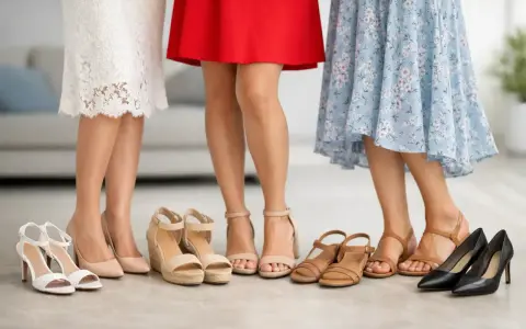 Tres mujeres con vestidos (blanco, rojo, floral) eligen zapatos. Ideas para como combinar zapatos con vestidos.