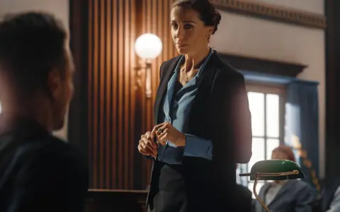 Abogada con traje negro y blusa azul, lista para un juicio. Un ejemplo de como ir vestida a un juicio mujer.