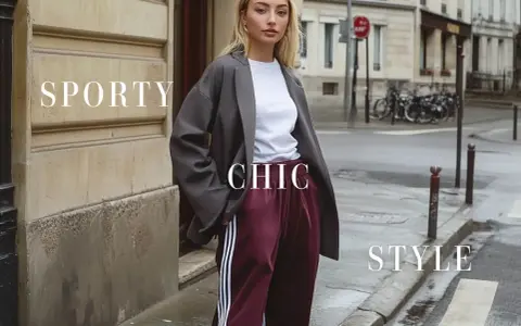 Mujer con un look **smart chic dress code**: blazer gris, camiseta blanca y pantalón deportivo burdeos con rayas.