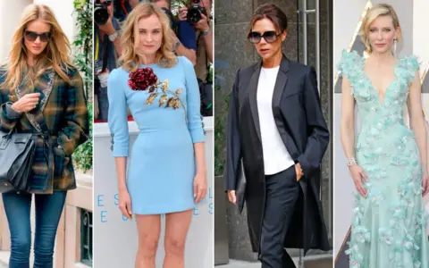 Mujeres con looks smart casual verano: abrigo cuadros, vestido azul floral, traje negro y vestido de gala.