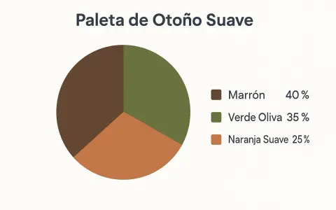 Paleta de otoño suave: marrón (40%), verde oliva (35%) y naranja suave (25%). Una representación visual de la colorimetría de otoño.
