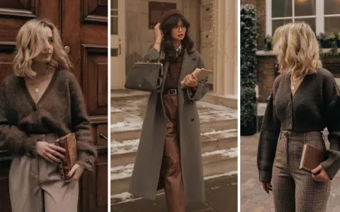 Tres mujeres con estilo dark academia, con abrigos largos, cárdigans y pantalones de cuadros, sostienen libros.