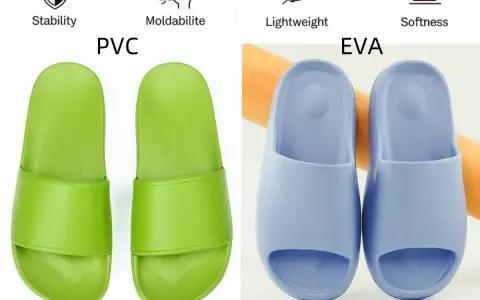 Chanclas verdes de PVC y azules de EVA. El material EVA es ligero y suave, a diferencia del PVC que puede ser tóxico.