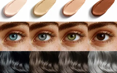 Muestras de bases de maquillaje, ojos de distintos colores y cabellos en tonos oscuros y grises, evocando una paleta de colores de invierno.