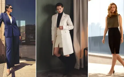 Mujer ejecutiva con trajes elegantes: azul marino, blanco y negro.
