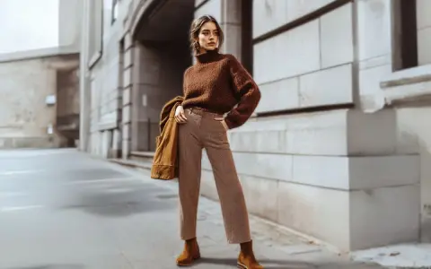 Mujer con suéter marrón y pantalones a rayas, luciendo un impecable estilo monocromático en la calle.