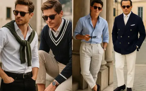 Hombres con estilo old money: camisas, jerséis de rombos, trajes y gafas de sol, proyectando elegancia y sofisticación.
